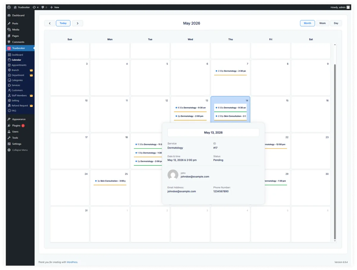 TrueBooker admin calendar view showing appointments across multiple days with an appointment detail panel showing service, date, status, and customer contact information