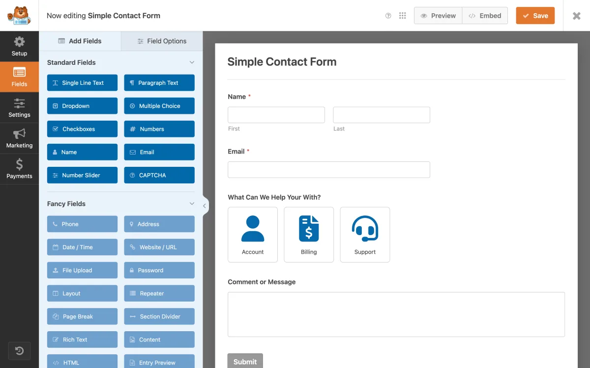 WPForms drag-and-drop form builder showing the template selection screen