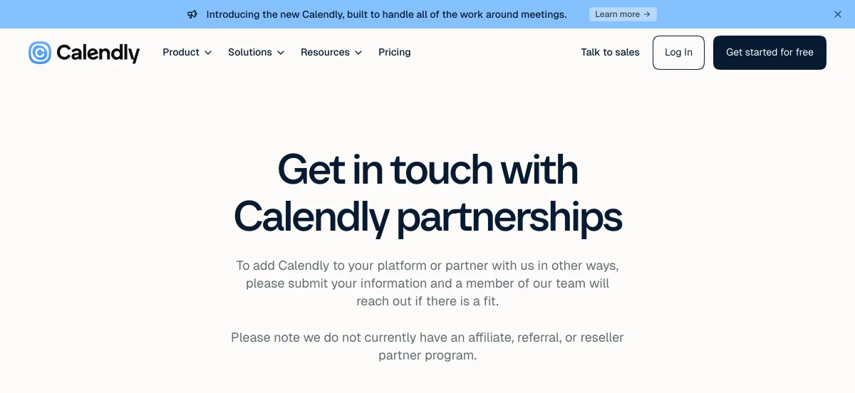 Calendly partner contact page stating that Calendly does not currently have an affiliate, referral, or reseller partner program