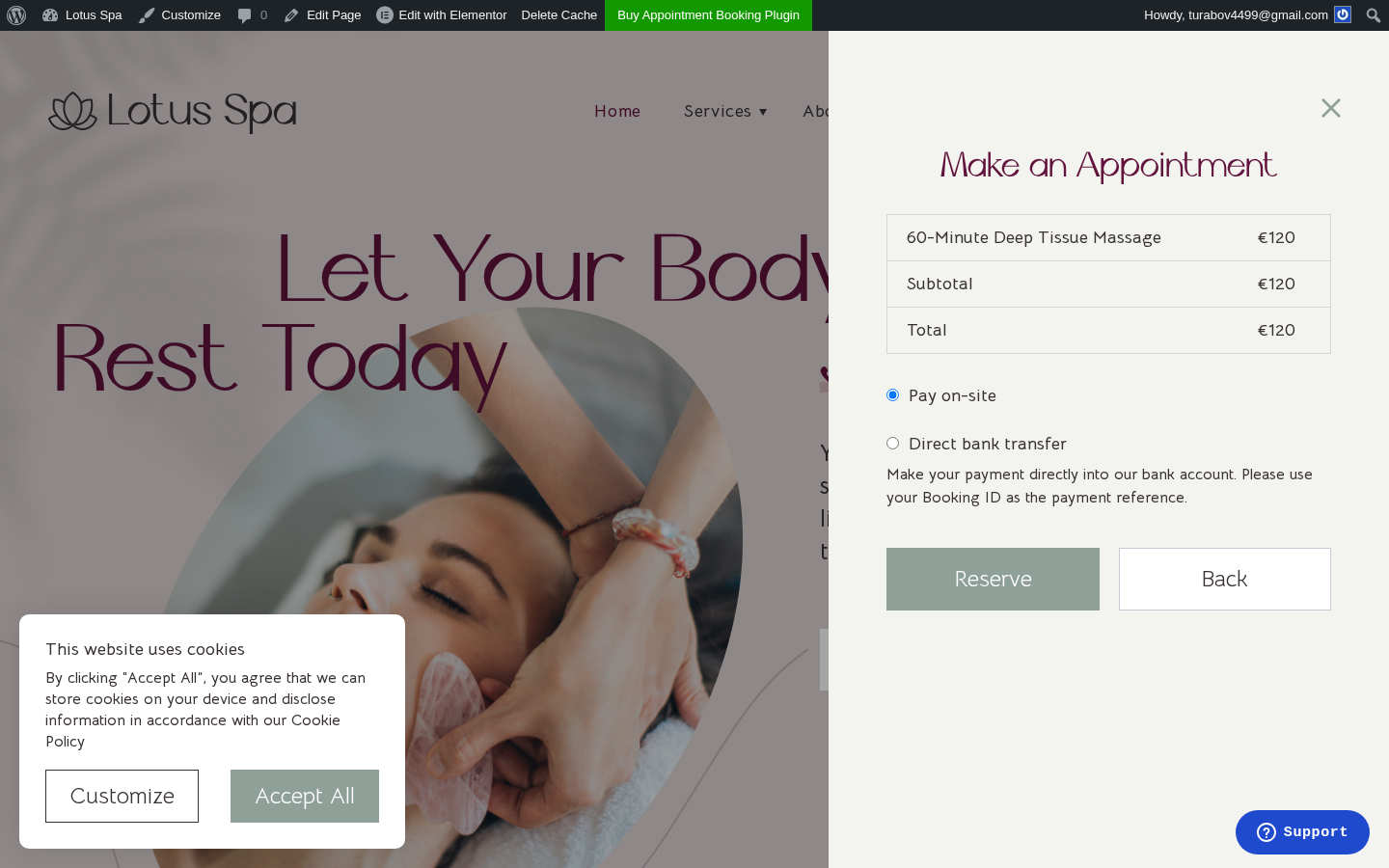 MotoPress front-end Payment step — Pay on-site and Direct bank transfer options