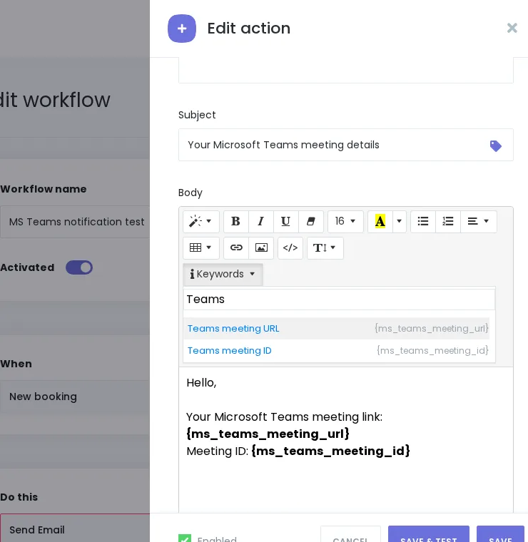 MS Teams shortcode keyword picker in Booknetic Workflow editor