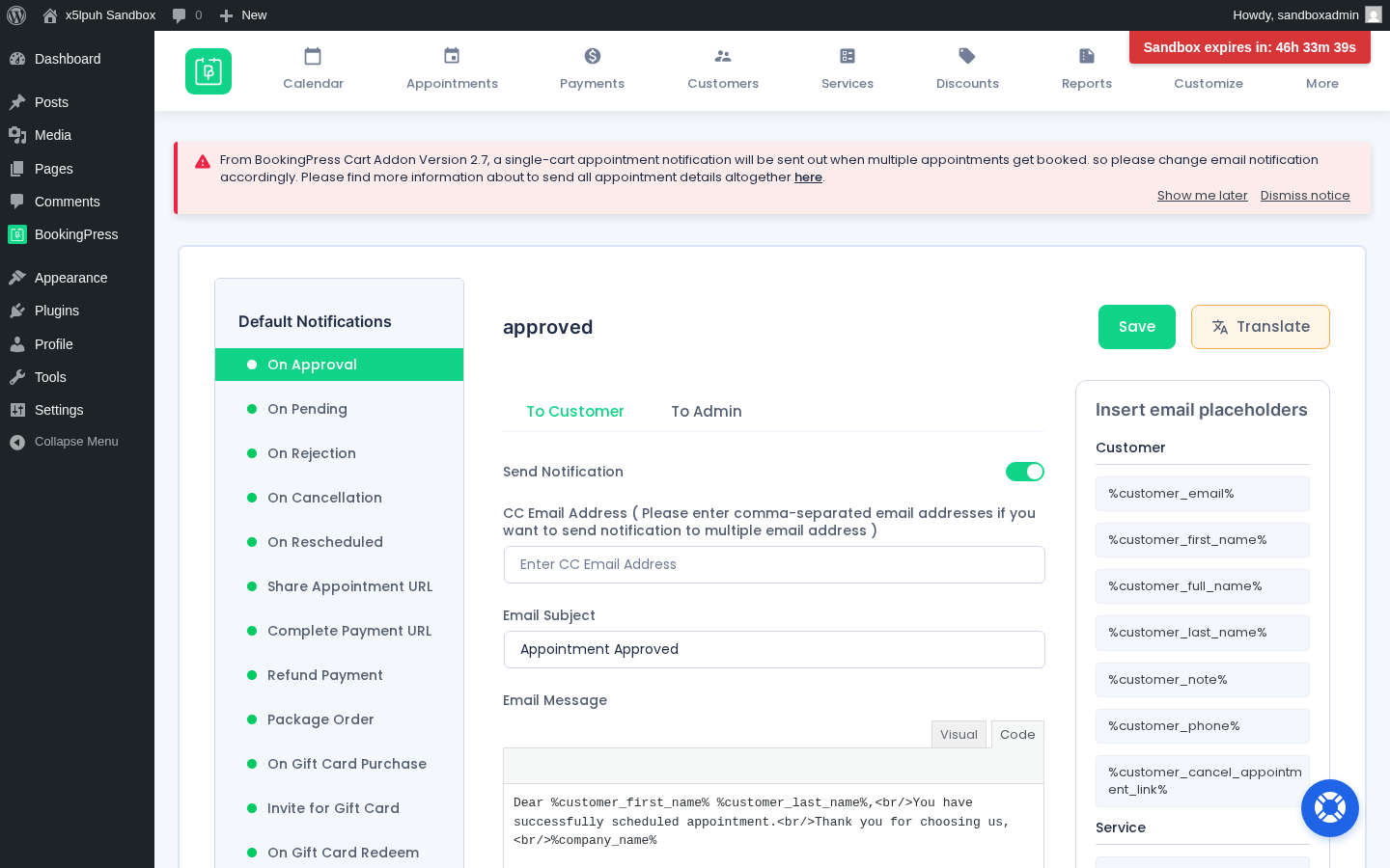 BookingPress admin Notifications — On Approval / On Pending / On Rejection / On Cancellation / On Rescheduled / Share Appointment URL / Complete Payment URL templates with placeholder catalog