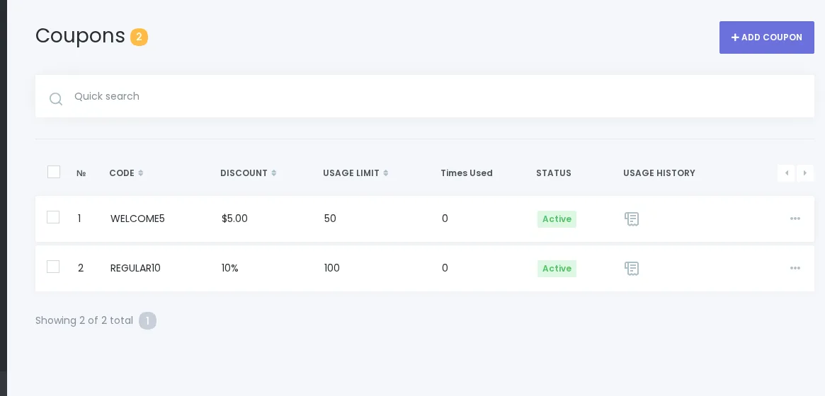 Booknetic-Coupons-Admin-Tabelle in der Regular-Umgebung mit den Demo-Gutscheinen REGULAR10 und WELCOME5.