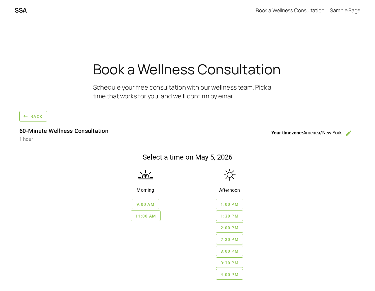 Simply Schedule Appointments front-end booking widget — Expanded flow with the visitor on America/New_York