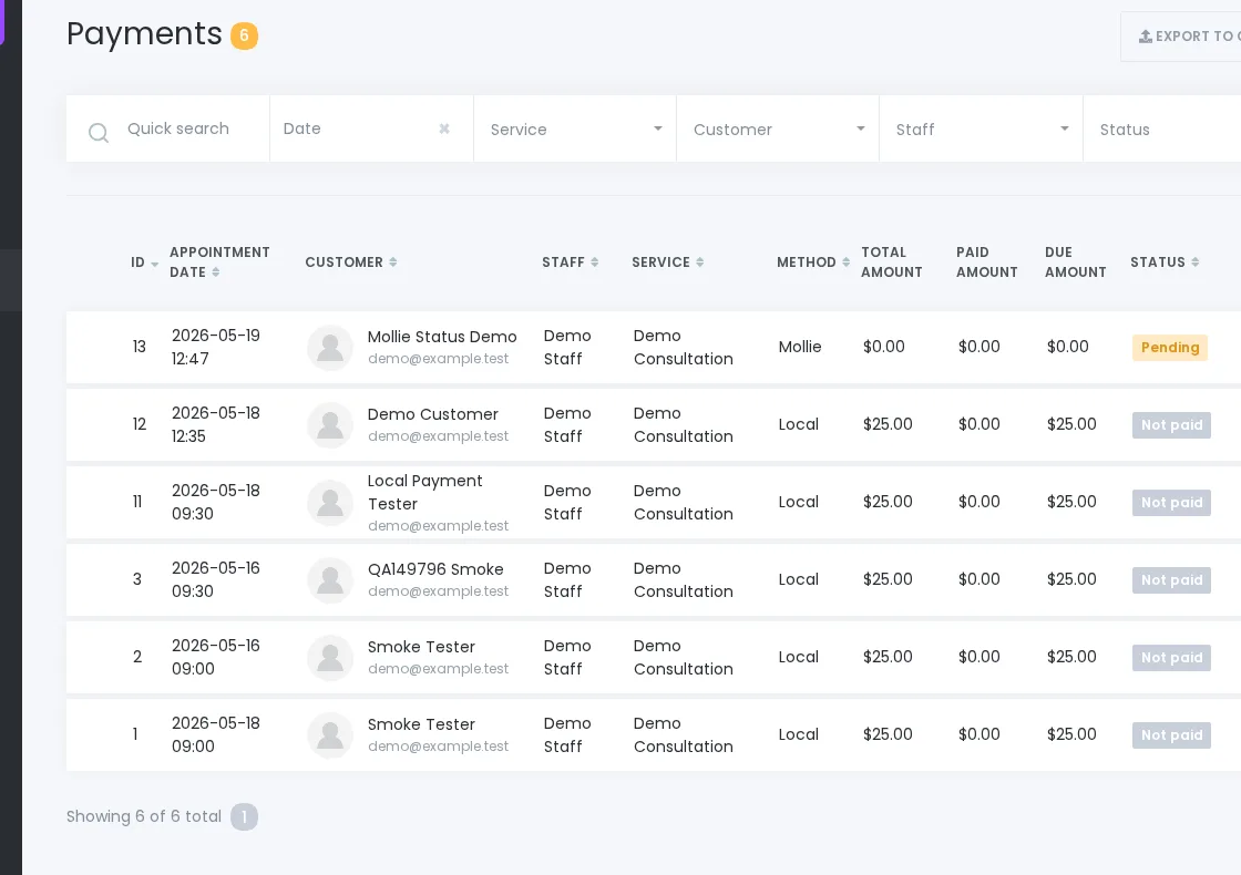 Booknetic Payments admin table showing a synthetic Mollie booking with pending payment status and no exposed transaction identifier.