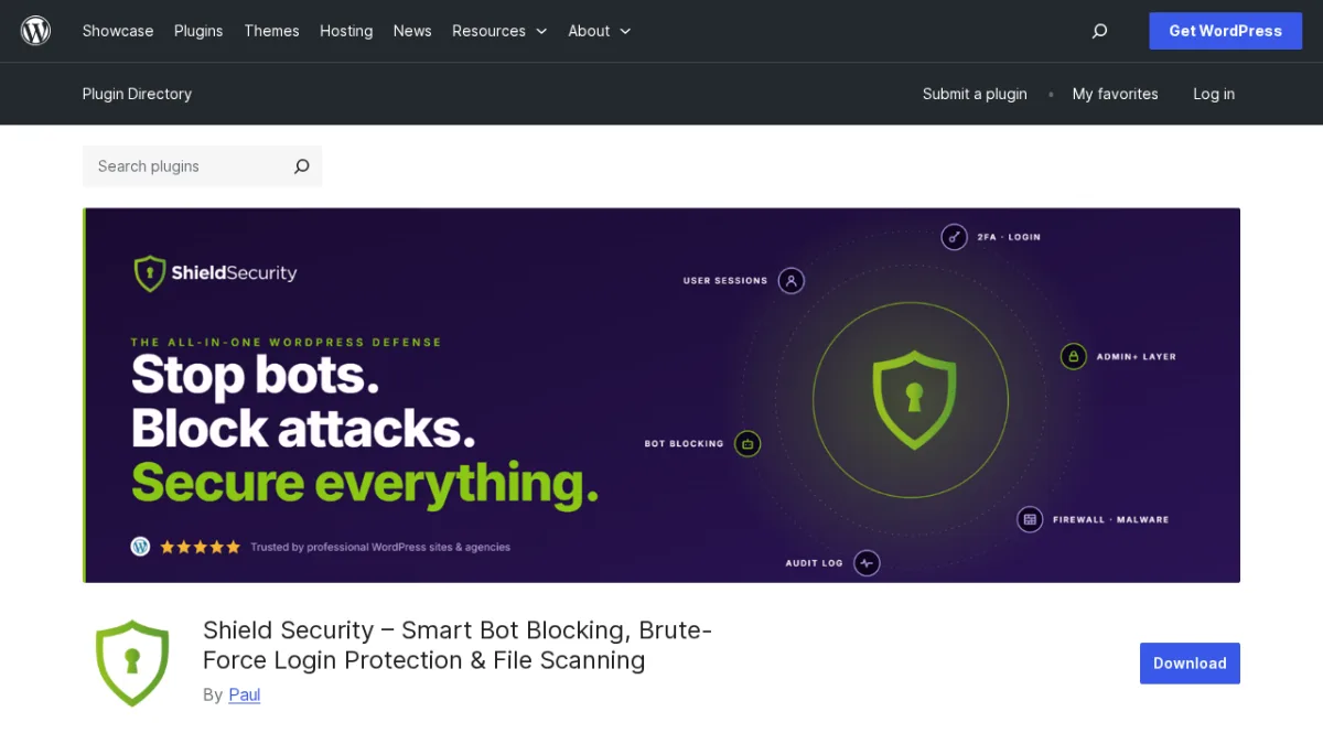 Shield Security WordPress-Plugin-Seite auf WordPress.org