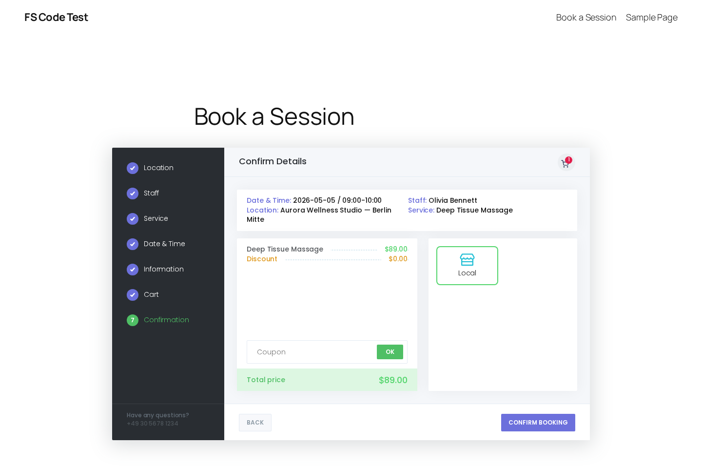 Booknetic cart and confirm screen showing service, price and payment method