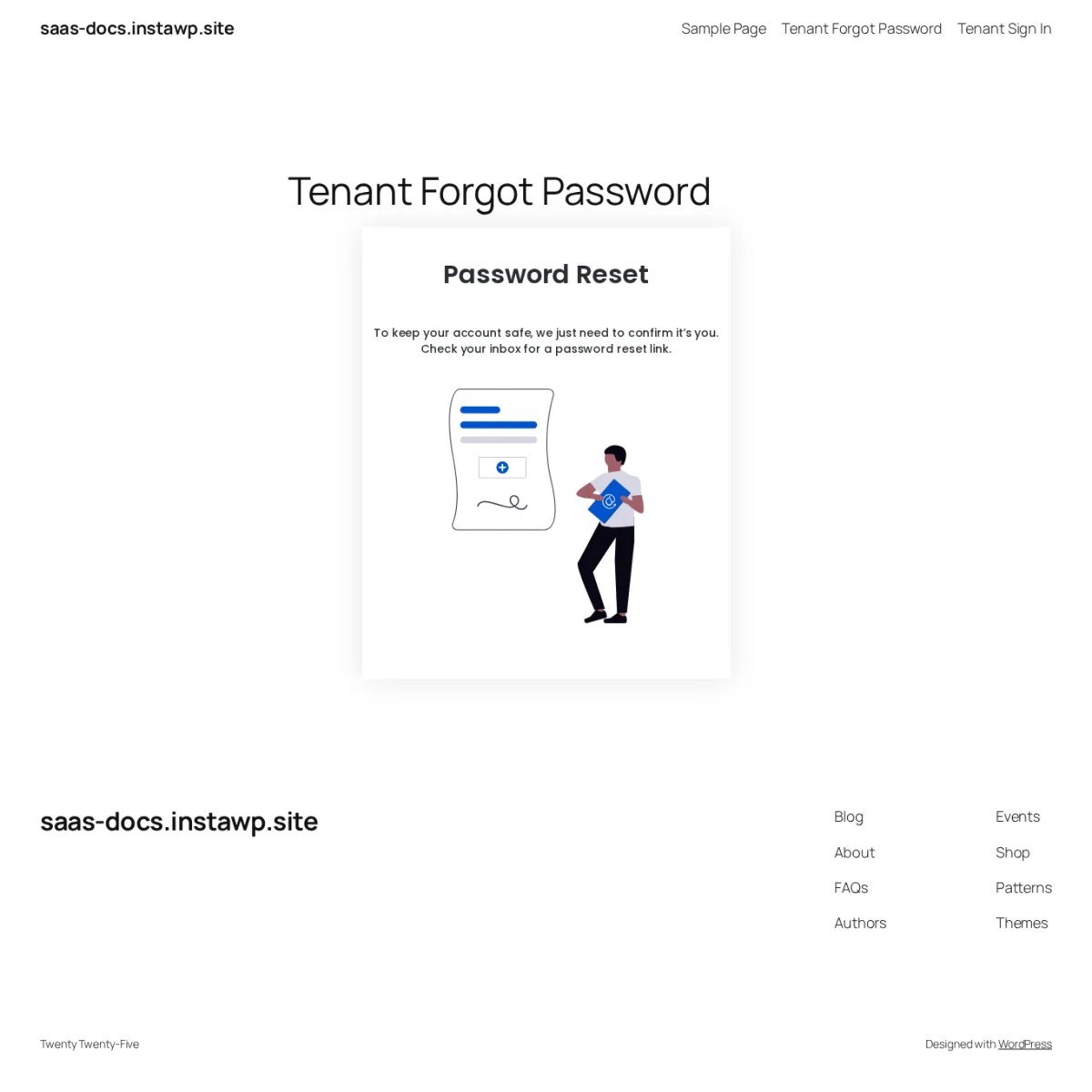 Tenant forgot password success state showing Password Reset and a message telling the tenant to check their inbox for a reset link