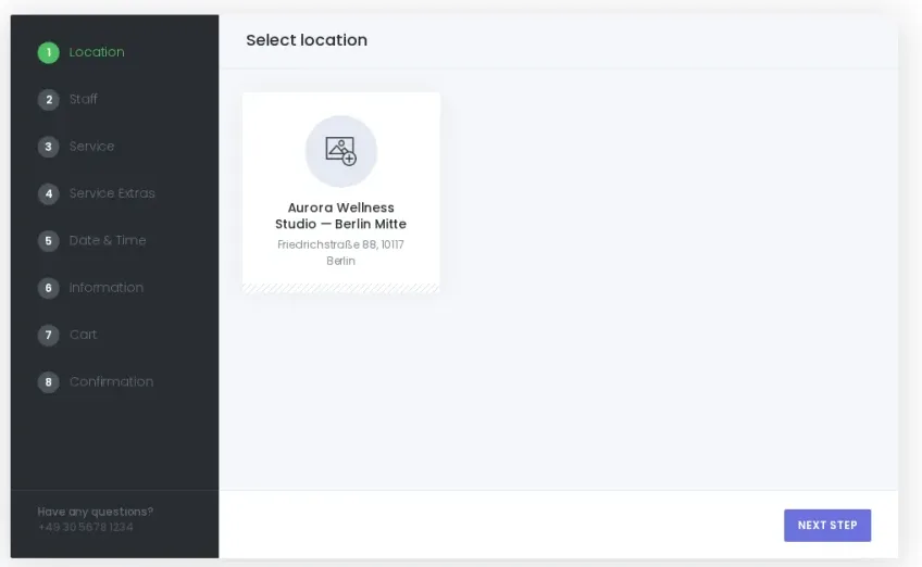 Booknetic multi-step booking widget showing the service, staff, and date selection steps