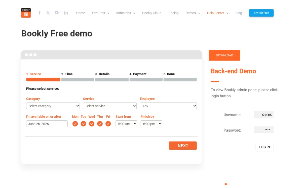 Bookly free demo showing the multi-step booking form with service, time, and details steps