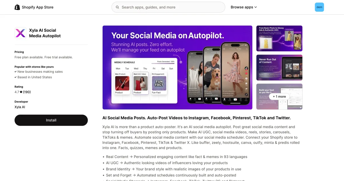 Xyla AI Shopify App Store listing showing the app description and 190 reviews at 4.7 stars