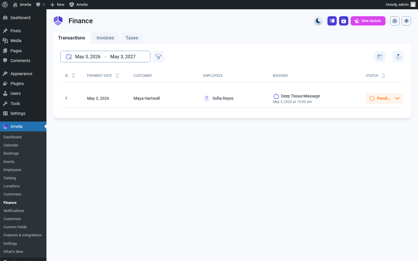 Amelia admin Finance — Transactions tab