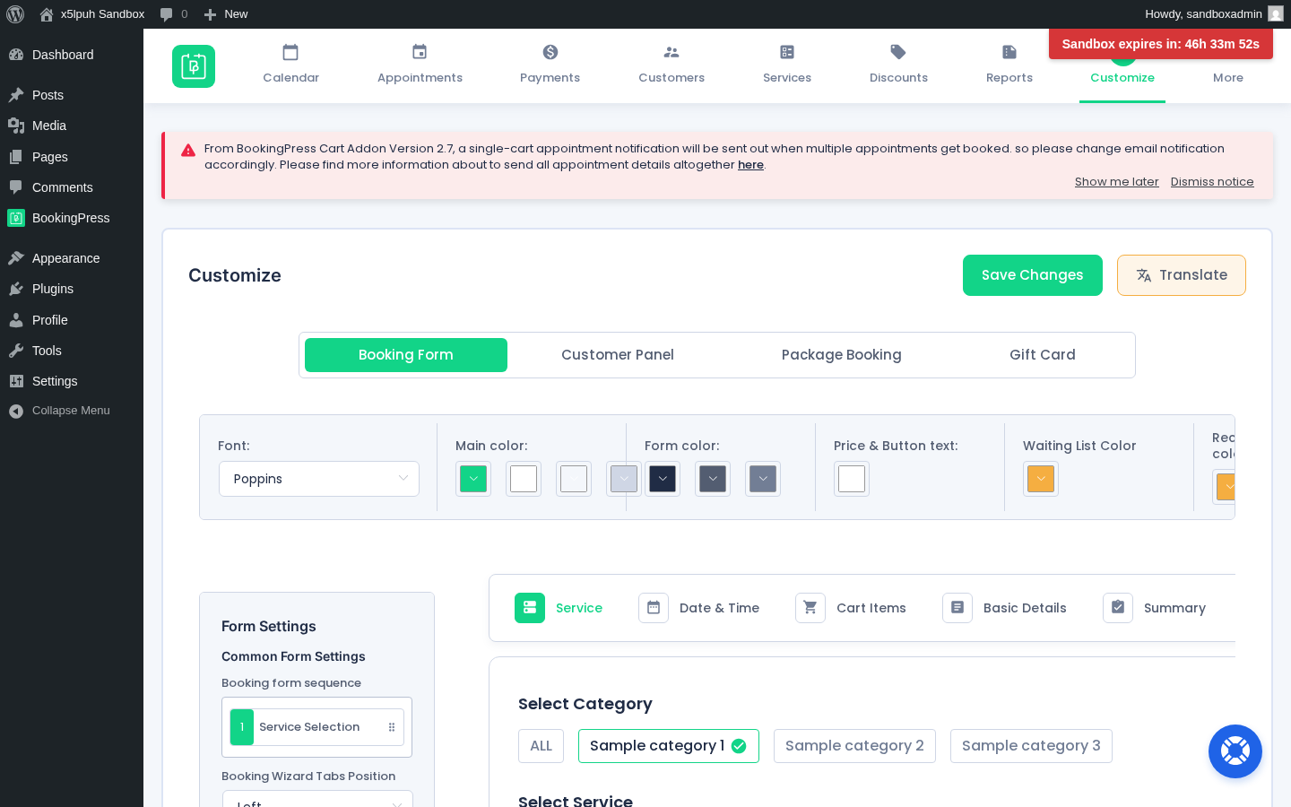 BookingPress admin Customize — Booking Form, Customer Panel, Package Booking, Gift Card tabs with live preview and drag-to-reorder steps