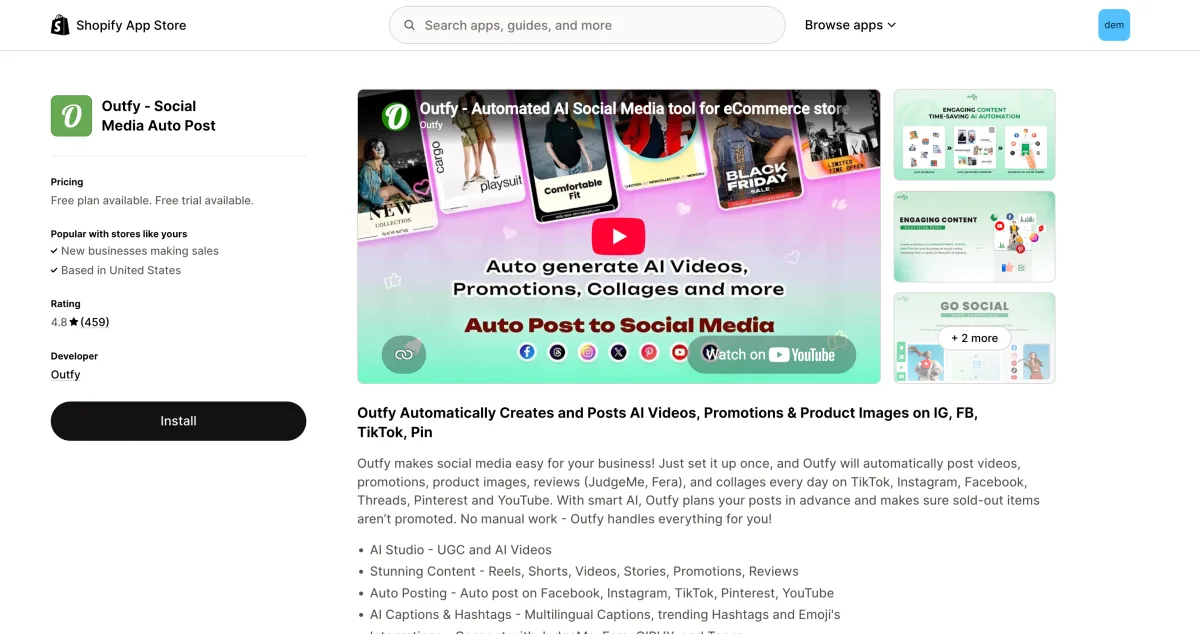 Outfy Shopify social media auto-poster App Store listing showing 459 reviews at 4.8 stars