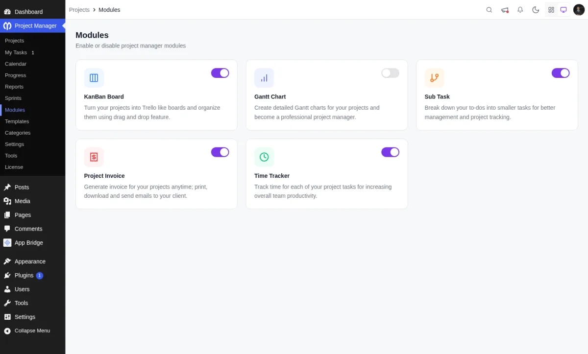 WP Project Manager Pro modules page showing available Pro modules including KanBan Board, Gantt Chart, Sub Task, Project Invoice, and Time Tracker
