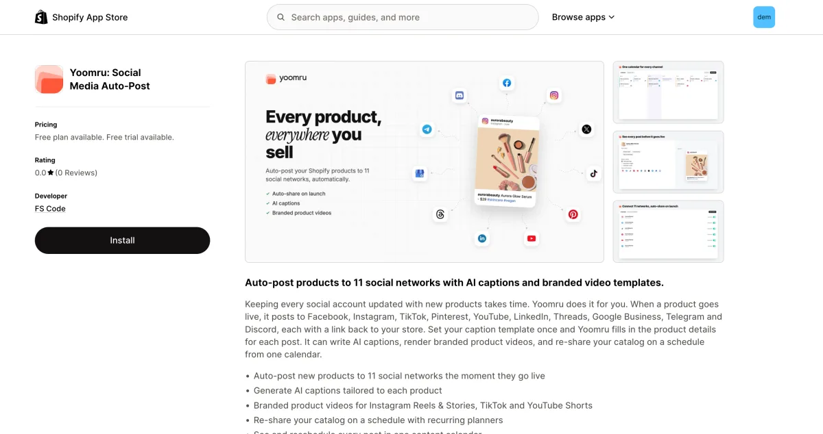 Yoomru Shopify social media auto-poster App Store listing
