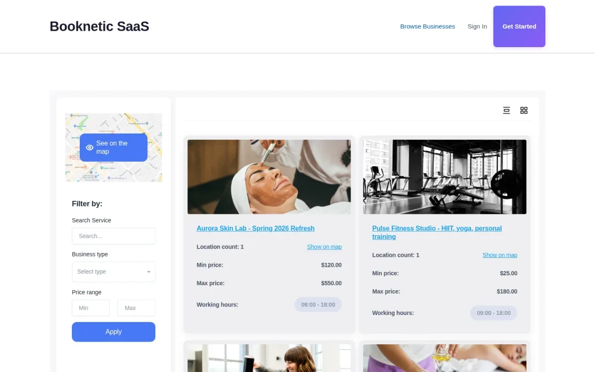 Booknetic SaaS browse businesses directory with real photo tenant cards (skincare, fitness, hair, spa, beauty) and filter sidebar