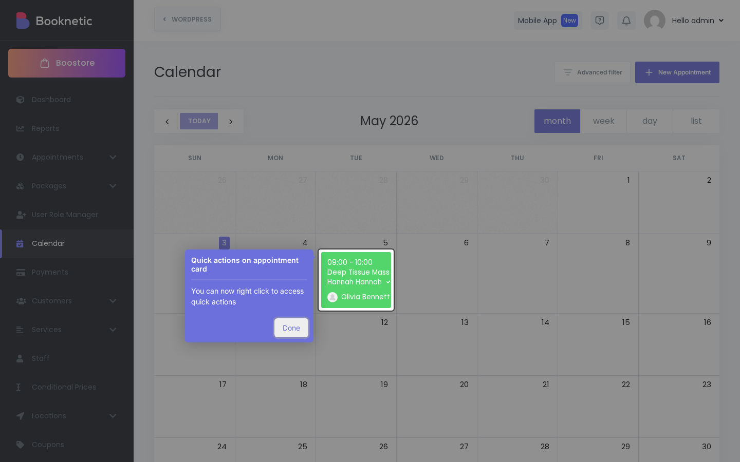 Booknetic admin calendar showing the booking on its scheduled day