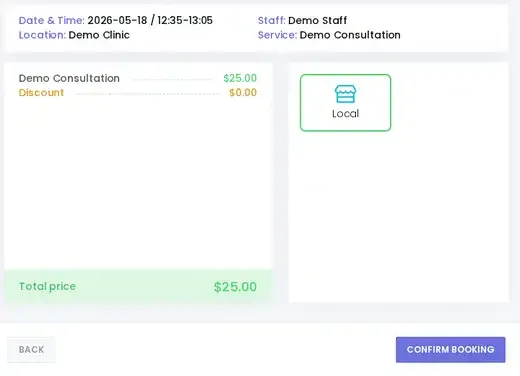 Booknetic confirmation step showing Demo Consultation, total price 25 dollars, appointment details, and Local payment selected.