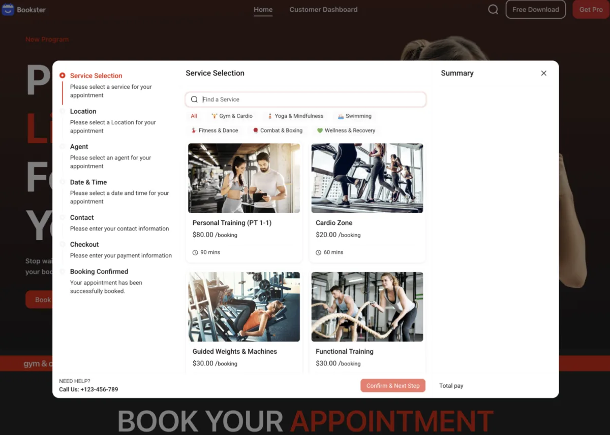 Bookster front-end booking widget showing a sports and fitness service gallery with categorized session options