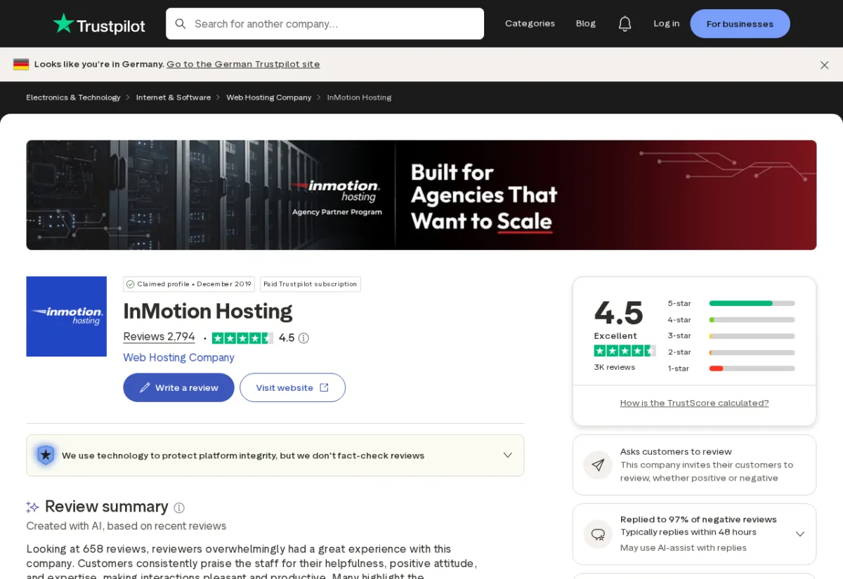 Resumen de reseñas de InMotion en Trustpilot