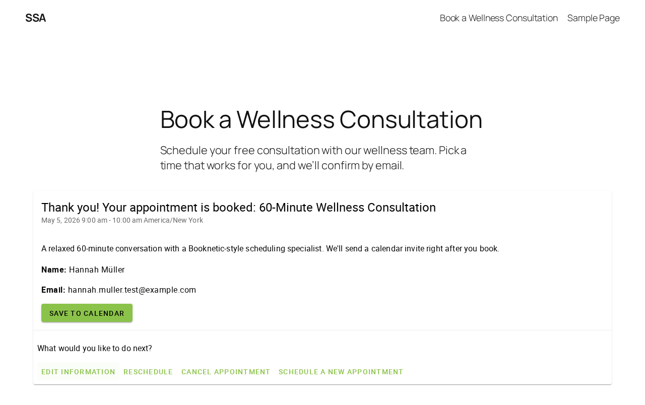 Simply Schedule Appointments — booking confirmation showing the Hannah Müller booking on May 5, 2026 9:00 am – 10:00 am America/New_York with Save to Calendar plus Edit / Reschedule / Cancel actions
