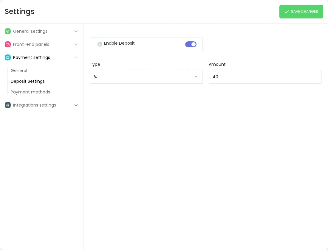 Booknetic Deposit Settings screen showing Enable Deposit turned on with percentage type and 40 amount.
