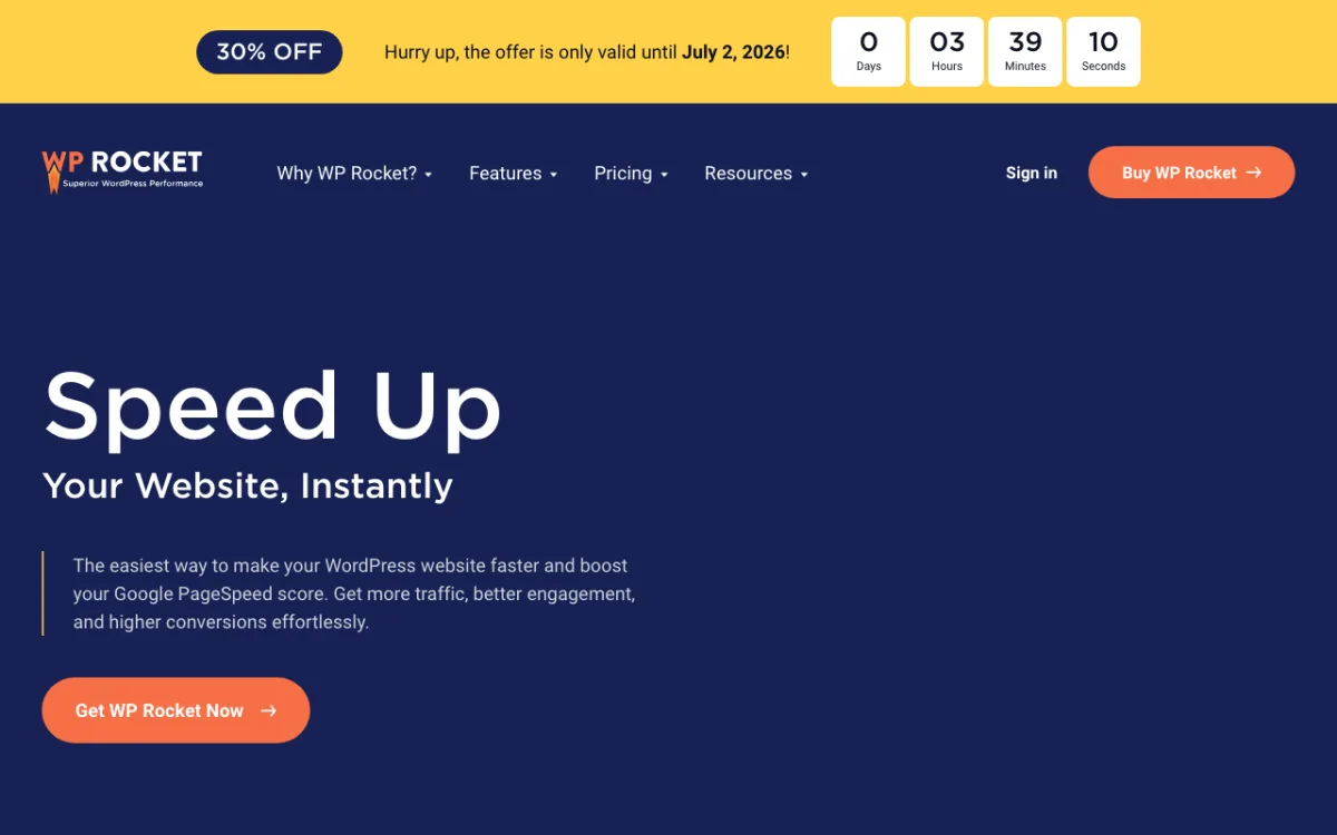WP Rocket caching plugin homepage