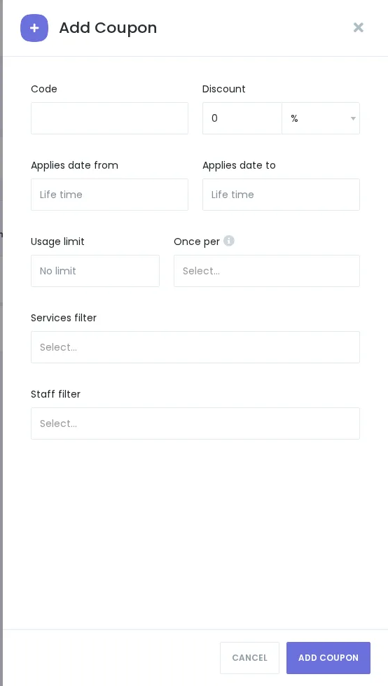 Booknetic-Drawer zum Hinzufügen oder Bearbeiten von Coupons in der Regular-Umgebung mit Rabatt, Gültigkeitsdaten, Nutzungslimit, Einmalregeln, Servicefilter und Mitarbeiterfilter.
