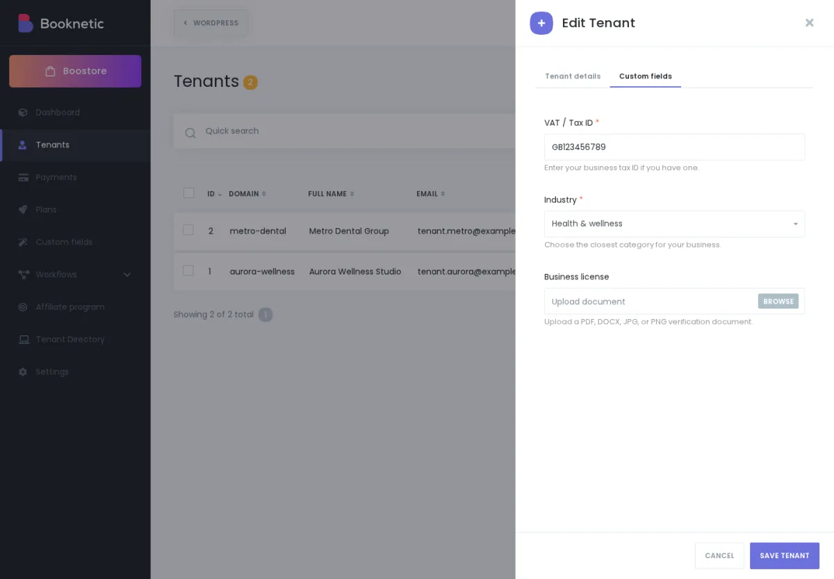 Screenshot: Tenants edit modal showing the Custom Fields tab with submitted answers