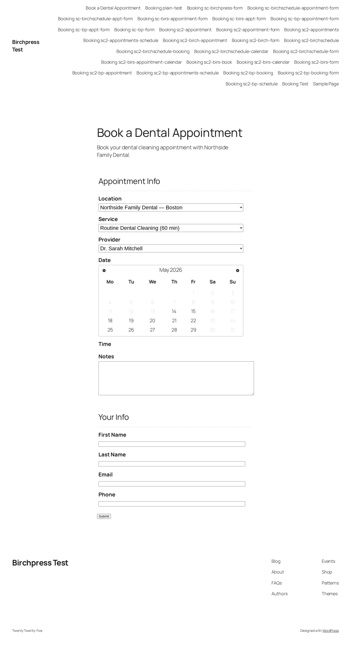 BirchPress front-end booking form rendering Location, Service, Provider, Date and Time fields