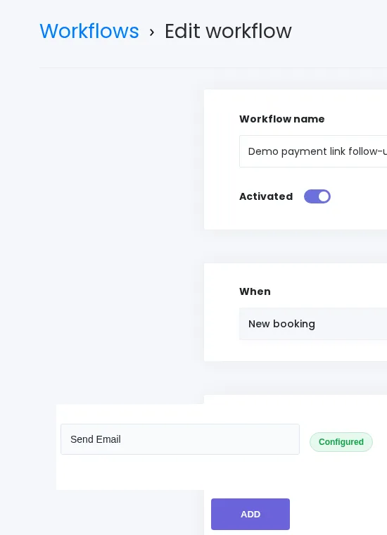 Booknetic-Workflow-Editor mit New Booking Trigger und konfigurierter Send Email Action für Payment-Link-Follow-up.