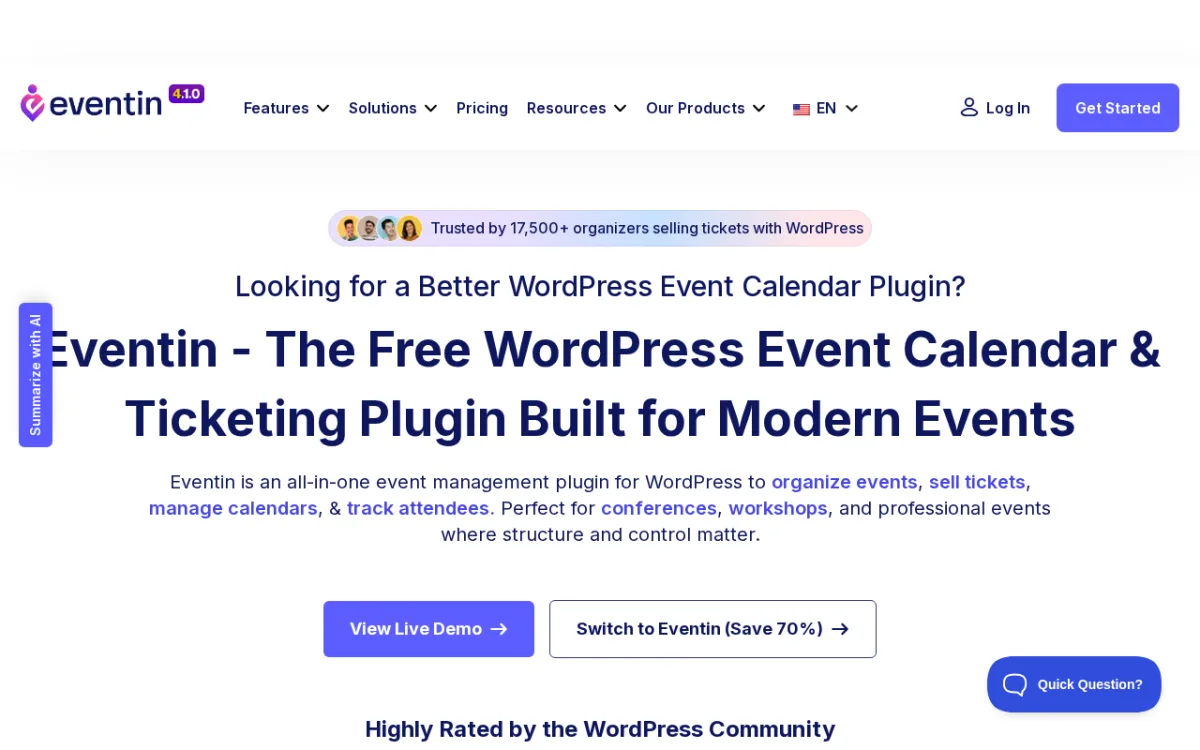 Eventin WordPress event plugin homepage showing conference features and event scheduling capabilities