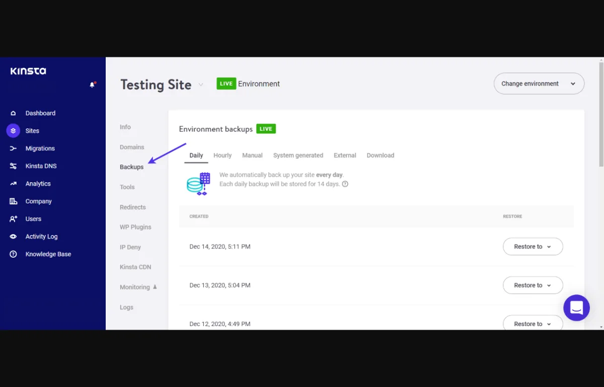 Vista de backups de Kinsta