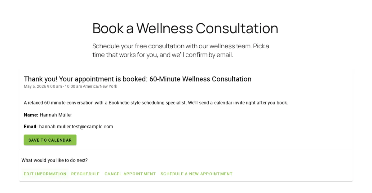 SSA booking confirmation page with Save to Calendar, Reschedule, and Cancel actions on the page