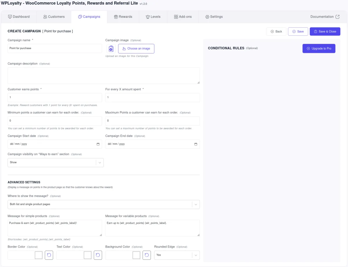 WPLoyalty campaign creation screen showing point-per-purchase settings, campaign date range, and product page message configuration