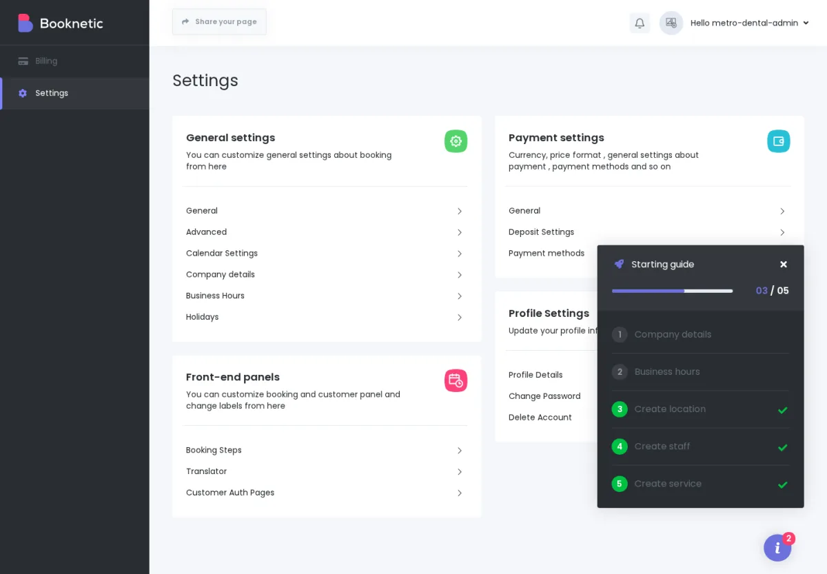 Tenant Settings overview showing General settings, including Company details and Business Hours options