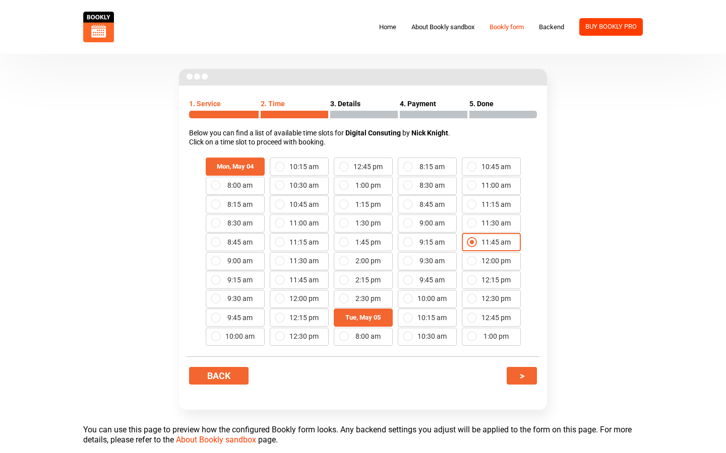 Bookly Pro Time step — multi-day time slot grid