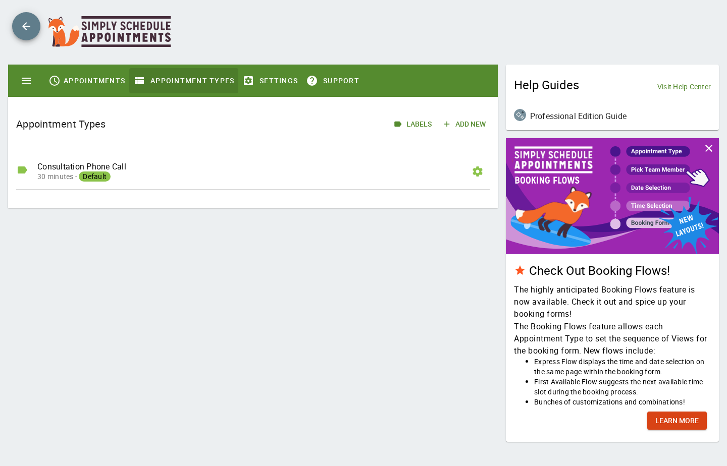 Simply Schedule Appointments — Appointment Types listing with the configured 60-Minute Wellness Consultation