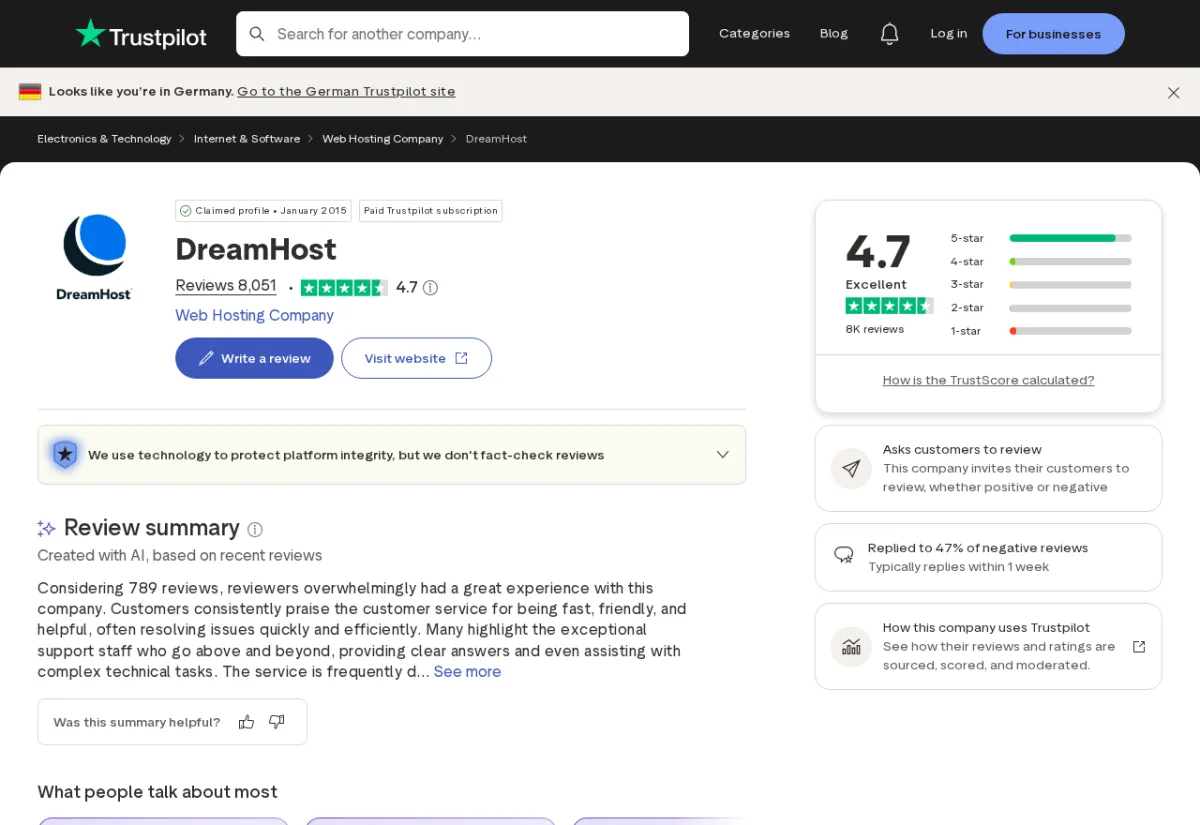 Resumen de reseñas de DreamHost en Trustpilot