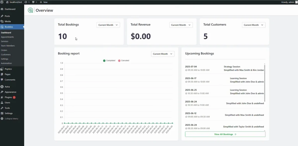 Booktics admin dashboard showing booking overview, revenue summary, and upcoming appointments