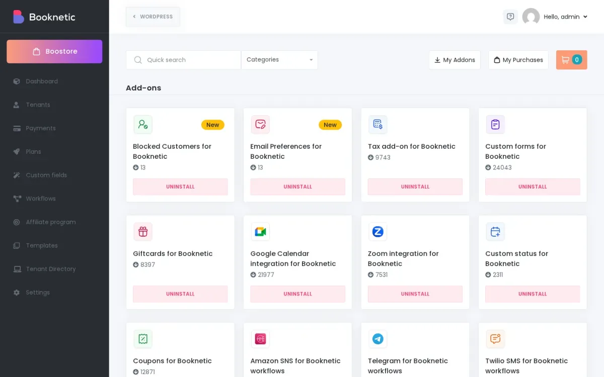 Boostore in-app add-on marketplace inside Booknetic SaaS super admin with add-on cards, install counters, and Uninstall buttons
