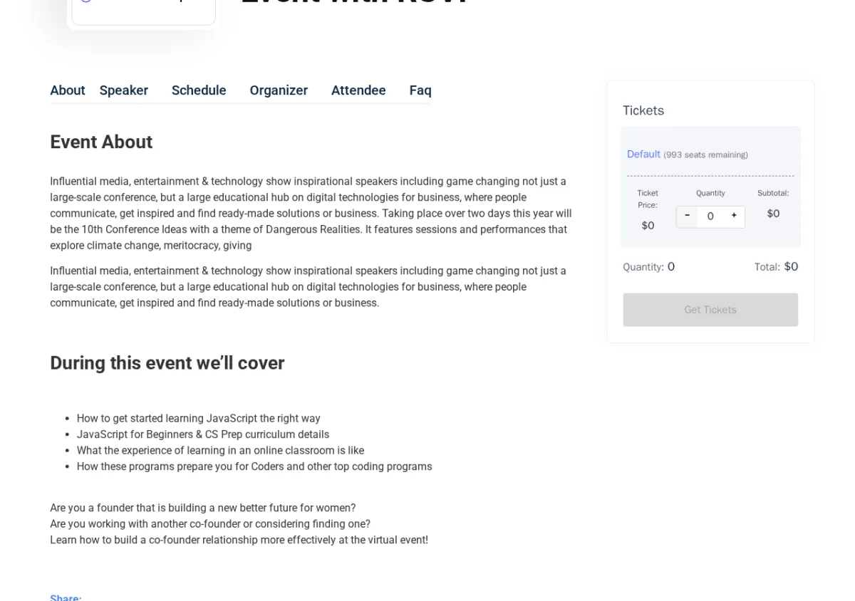 Frontend-Eventseite des WordPress-Eventbuchungs-Plugins Eventin mit Auswahl von Tickettypen