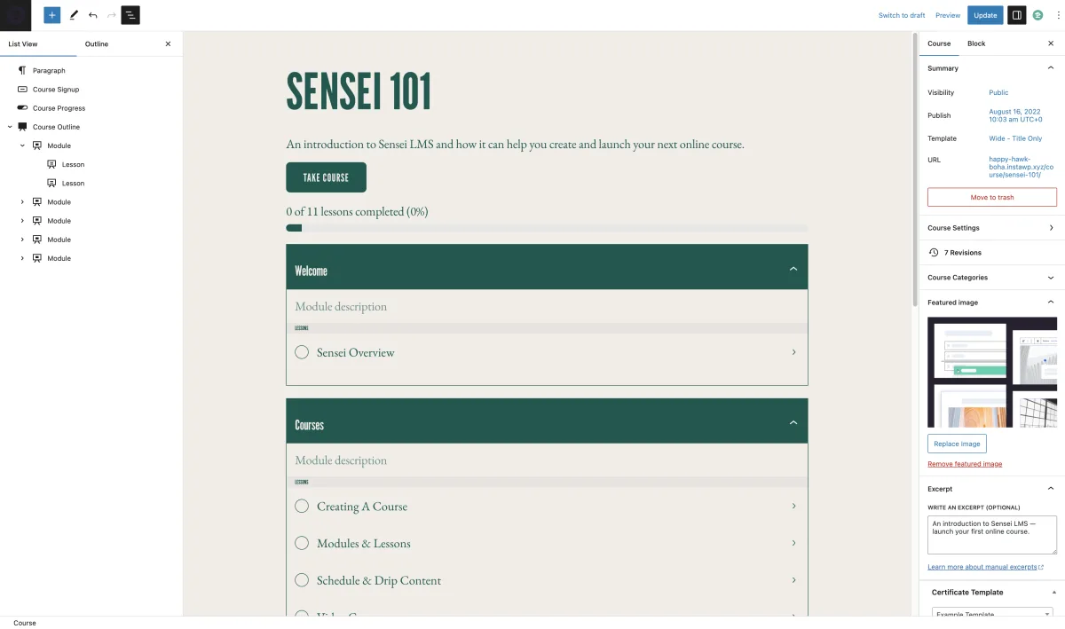 Sensei LMS lesson editor with block-based content creation and quiz question builder