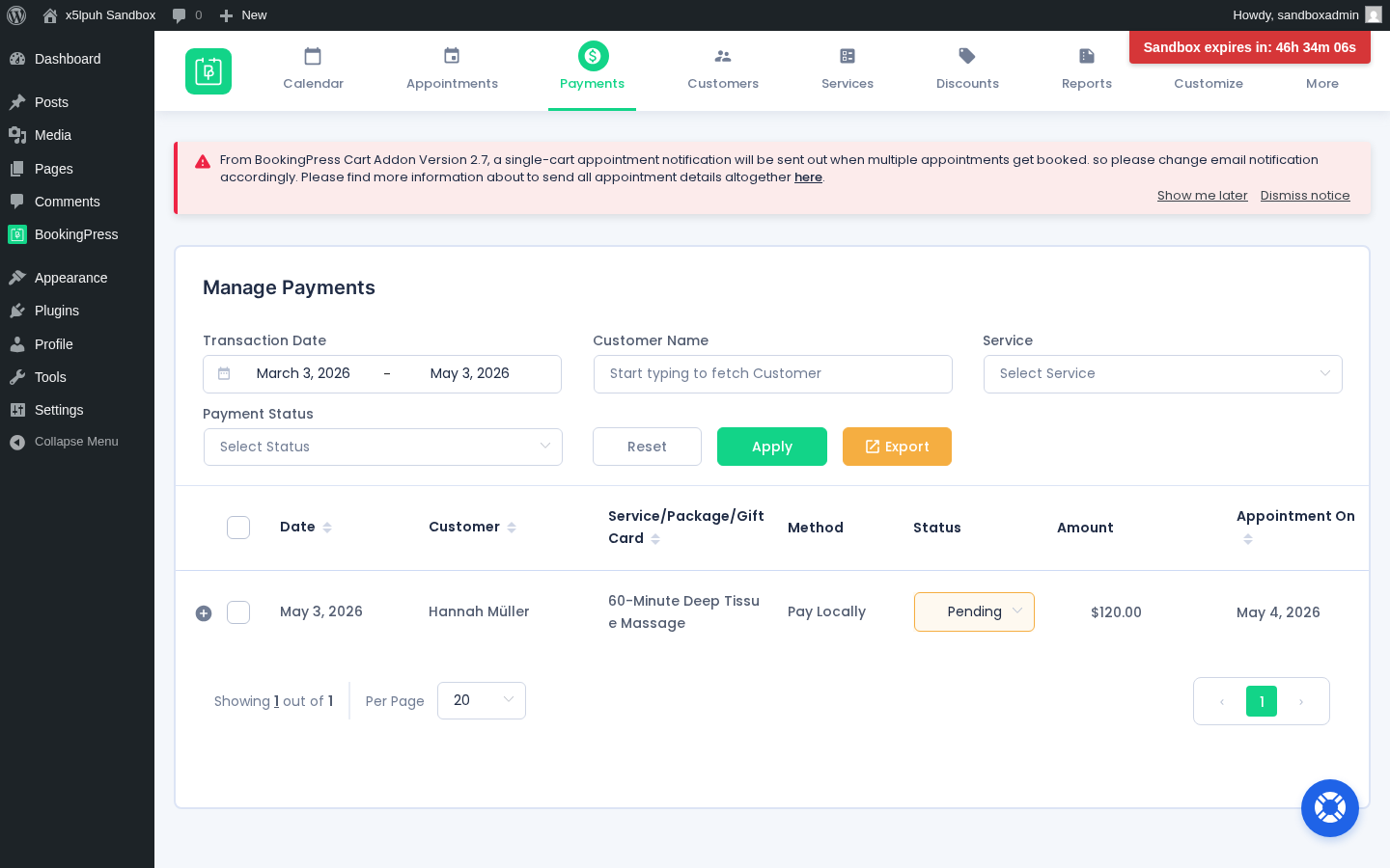BookingPress admin Payments report with the Pay Locally Pending row from the booking