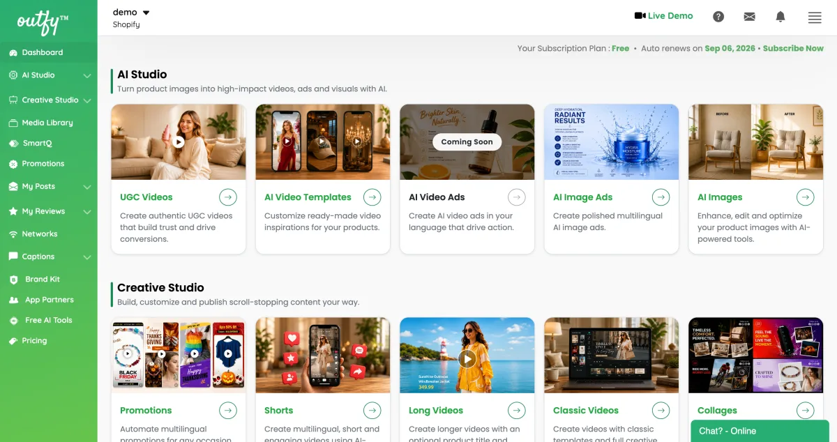 Outfy's main dashboard at outfy.com showing the SmartQ automation queue, connected channels, and content creation tools