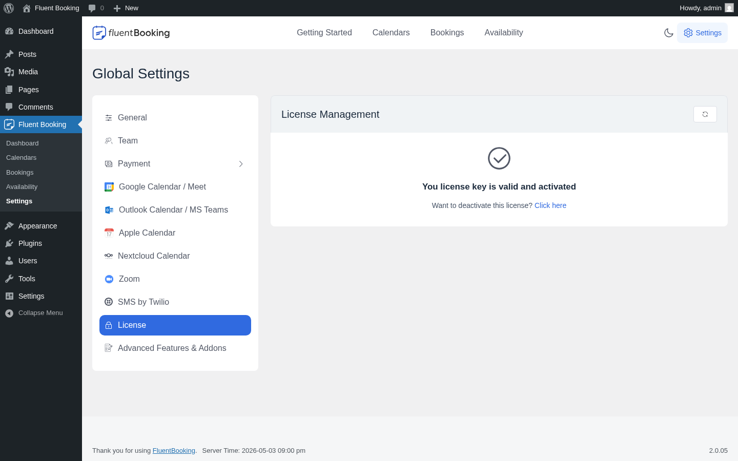 FluentBooking License Management showing license key is valid and activated