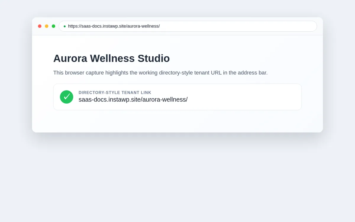 Browser address bar showing a working directory-style tenant URL for Aurora Wellness