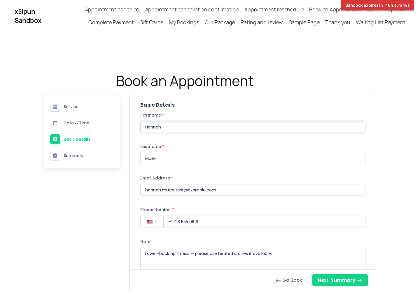 BookingPress front-end Basic Details step — First name / Last name / Email / Phone / Note