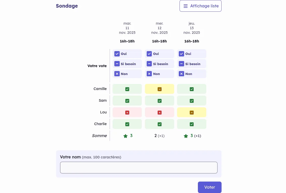 Framadate scheduling poll showing date voting grid with participant responses for multiple time slots
